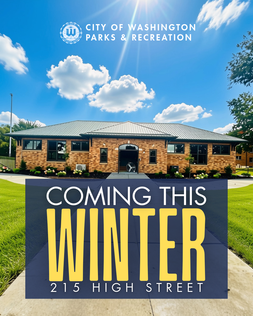 Image of a sunny day looking at the front of the old pool house. with hydrangas surounding the the brink exterior encasing the glass double doors with an arch  transom window. Reads: Coming this winter 215 High Street