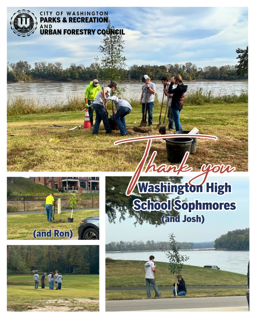 City of Washington Parks and Rec and Urban Forestry council - Thank you Washington High School Sophmores (and Josh) (and Ron) - Images of highchool students planting a treen by the riverfront - Ron digging holes for said trees - Kids wrapping the trunk of a newly planted tree to help protect it - a group of kids walking towards the next tree down the trail.