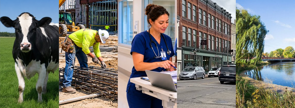 Image illustrating the 5 parts of Watertown's new economic Development Strategy. Photo contains a cow, a construction worker, a healthcare worker, a cityscape, and a park