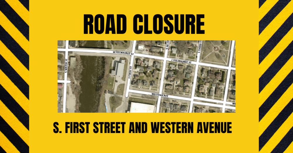 Map and graphis showing location of road closure on 1st and Western Streets