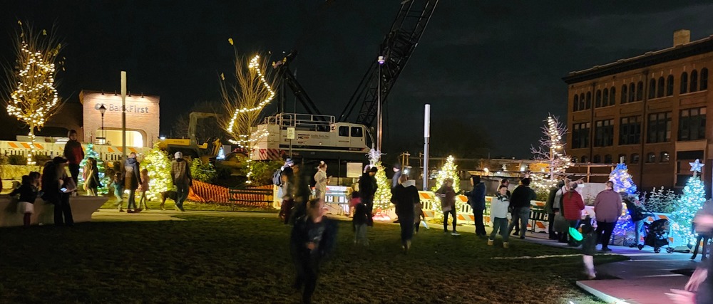Town Square lit with Holiday trees