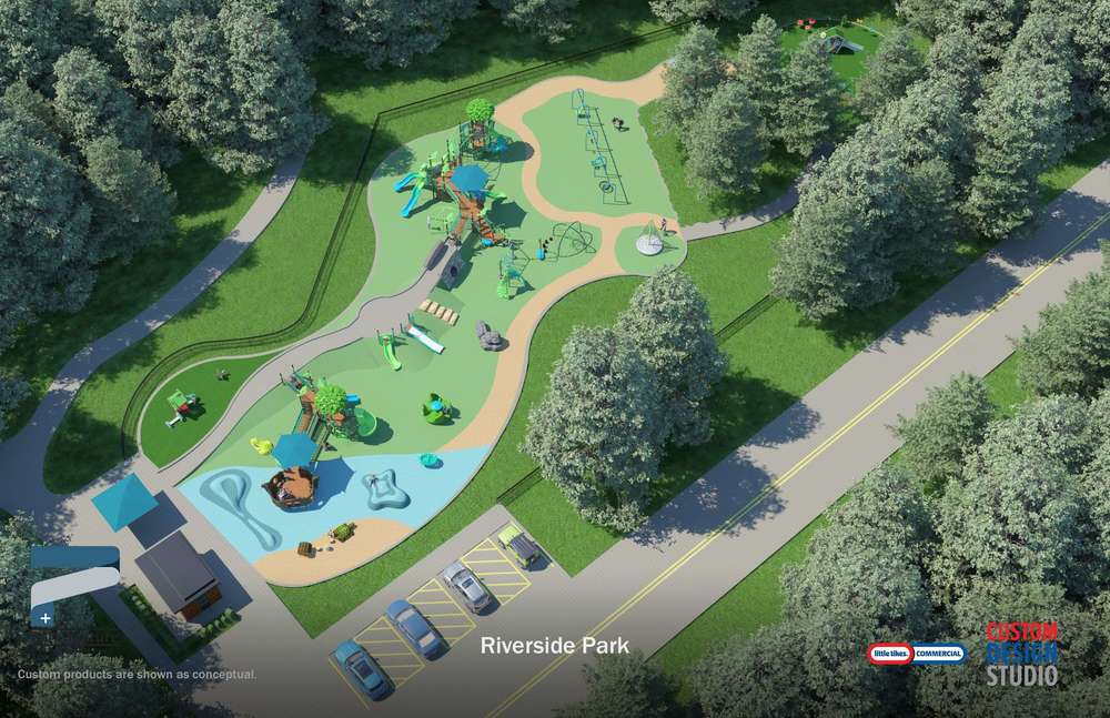 Aerial view of proposed recreation area with playground and walking path.
