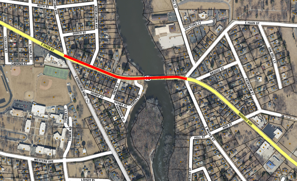 Map showing daily closure of E. Main Street from Concord to E. Water Street