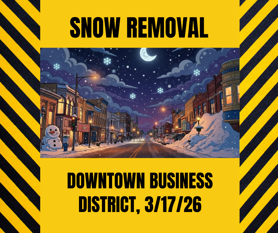 Yellow and black frame containing the words, "SNOW REMOVAL, DOWNTOWN BUSINESS DISTRICT 3/17/26" and an AI generated illustration of Watertown Main Street at nighttime covered in snow, with a huge snowman and a polar bear napping.