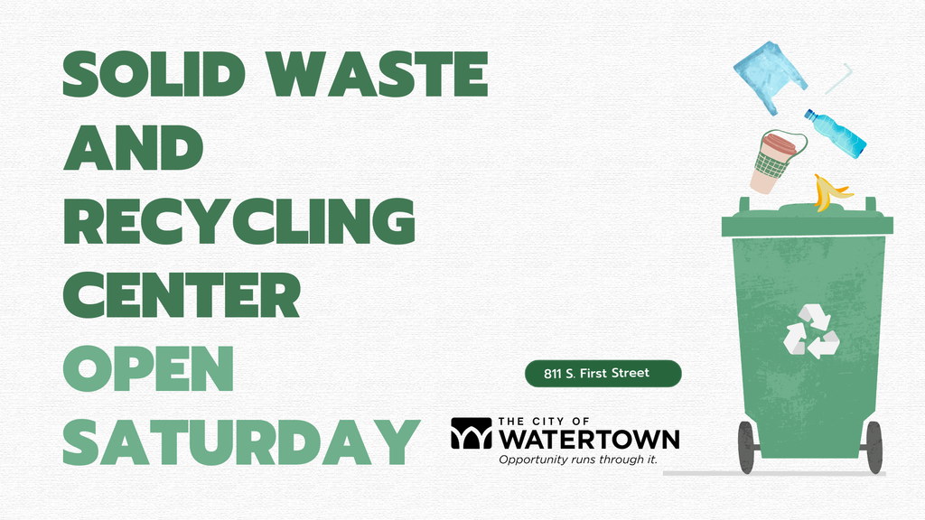 Recycling cart with the words "Solid Waste and Recycling Center Open Saturday" 