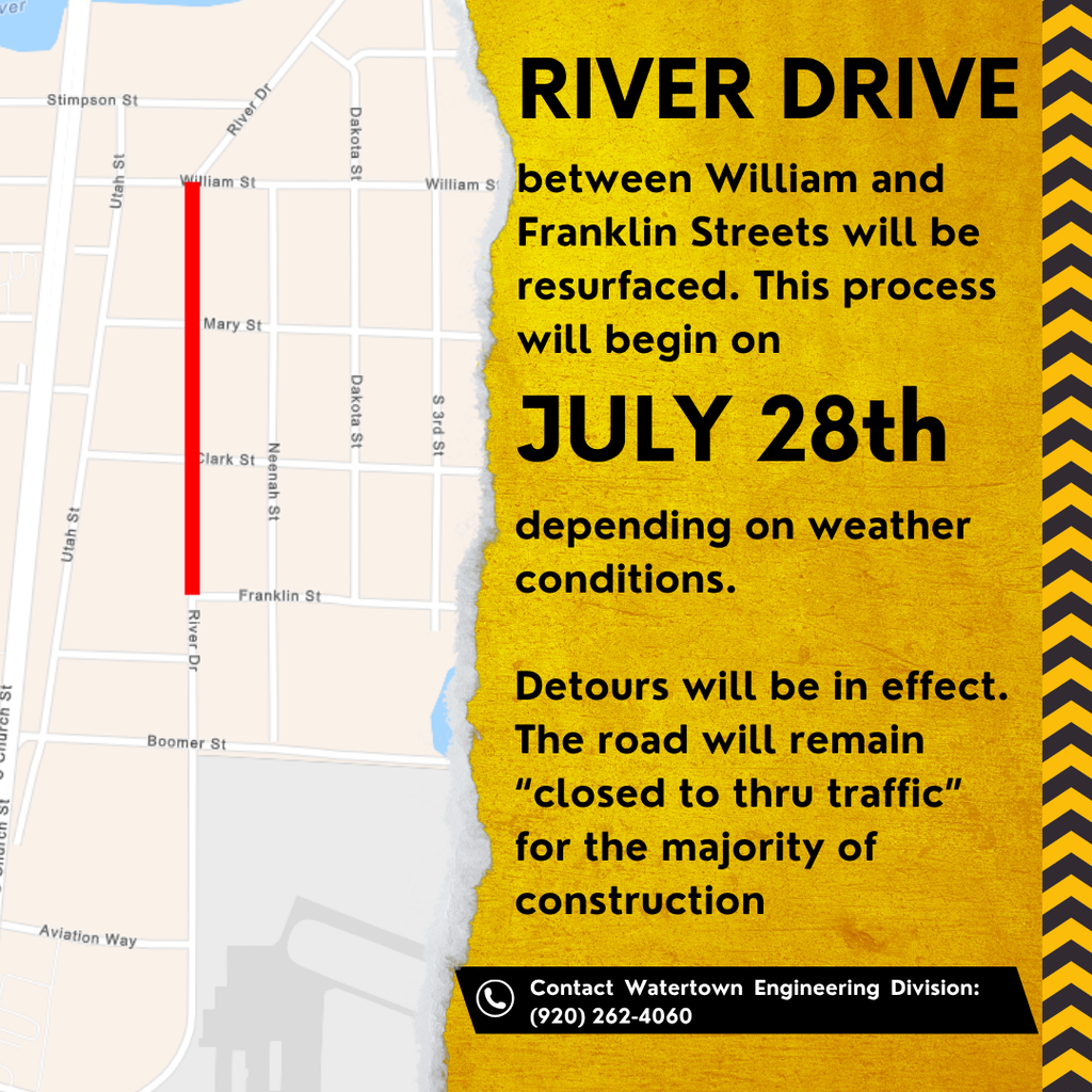 Map of closed section of River Drive and text from the press release.