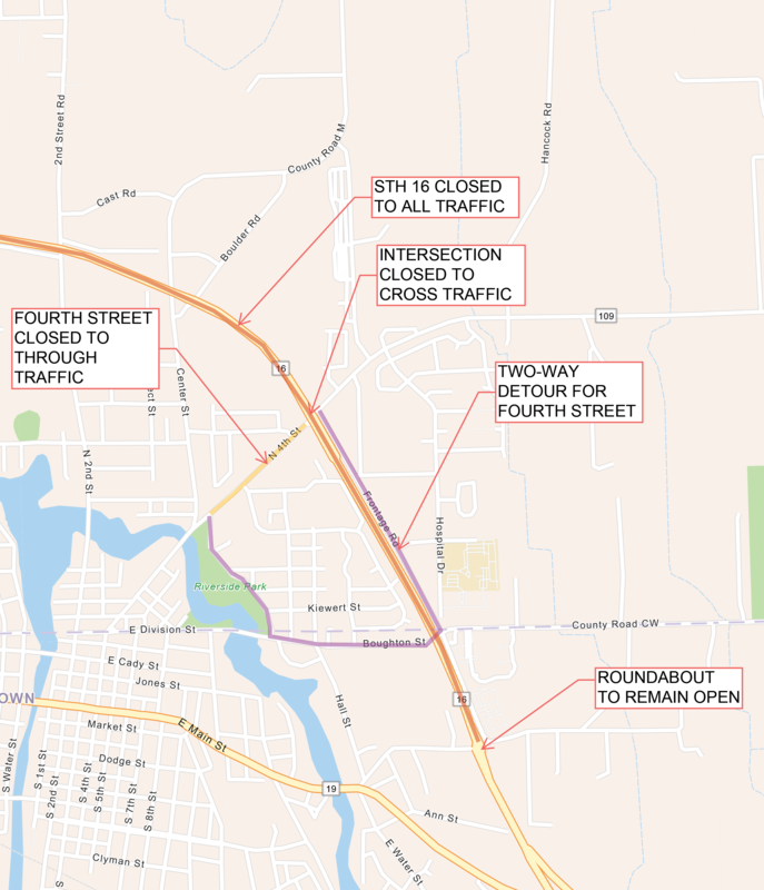 Map showing detour routes along State Highway 16.
