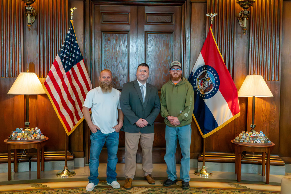 Left to Right: Donnie Beal, Representative Bill Hardwick and Josh Sharpensteen. Posed infront of the Governments Office in Jefferson City, MO.