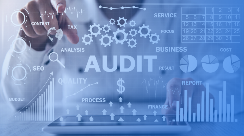 Blue-toned graphic featuring a tablet and business analytics imagery, including charts, graphs, gears, financial symbols, and the prominent word “AUDIT.”