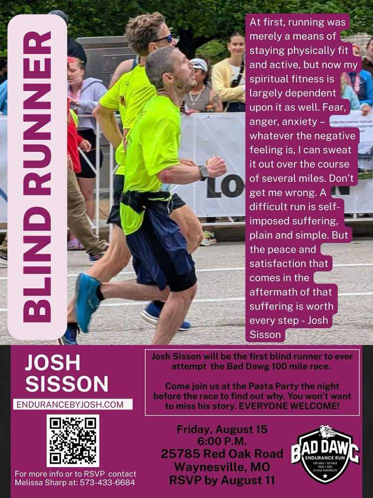 Purple flyer with QR code and photo of Josh Sisson Blind runner. Details about the verbiage on the flyer are found in news article.