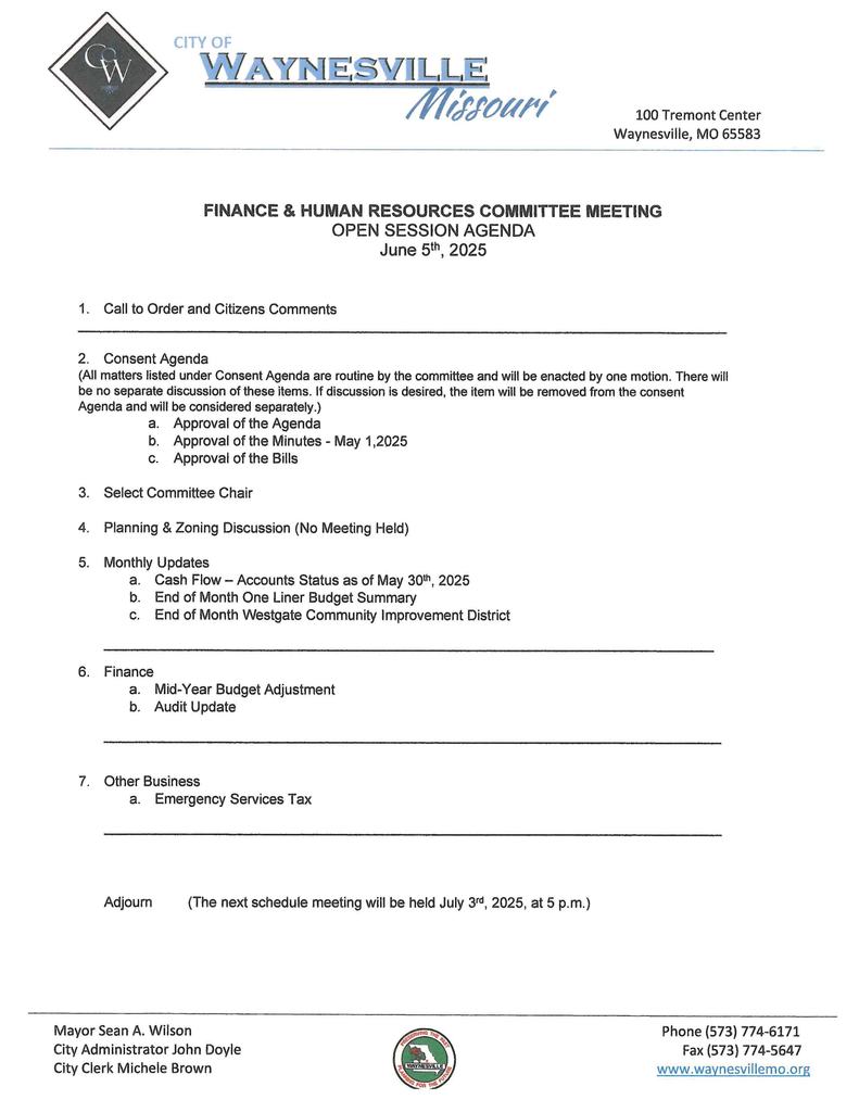June 5th, 2025 Finance Agenda
