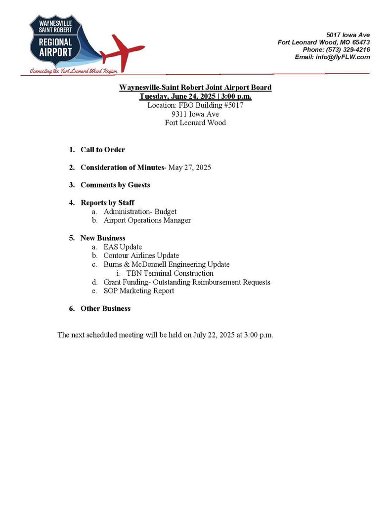 Waynesville-Saint Robert Joint Airport Board Agenda