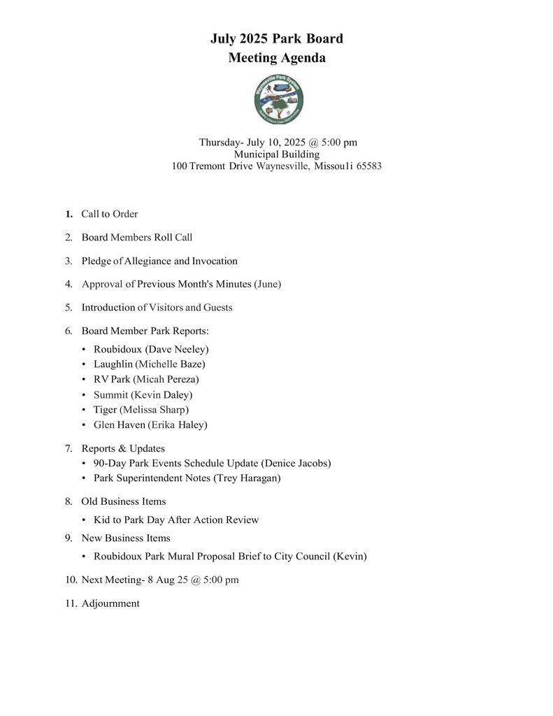 July 2025 Park Board Meeting Agenda (1)