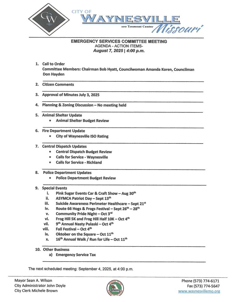Emergency Services Agenda Aug 2025