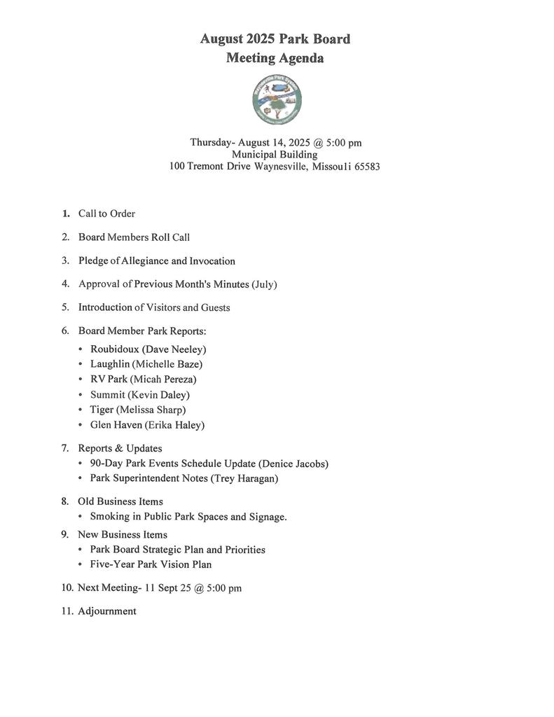 Park Board Agenda Aug 2025