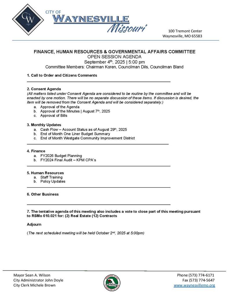 Agenda for Finance, Human Resources & Governmental Affairs Committee