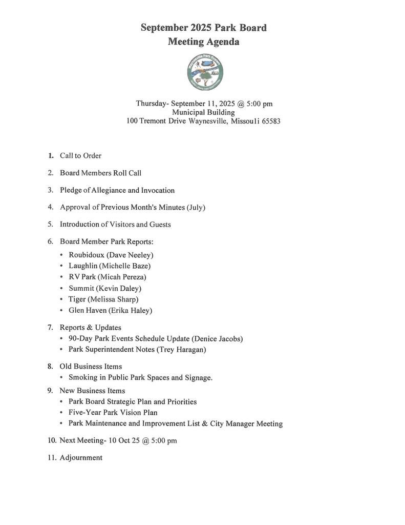 Park Board Agenda Sept 2025