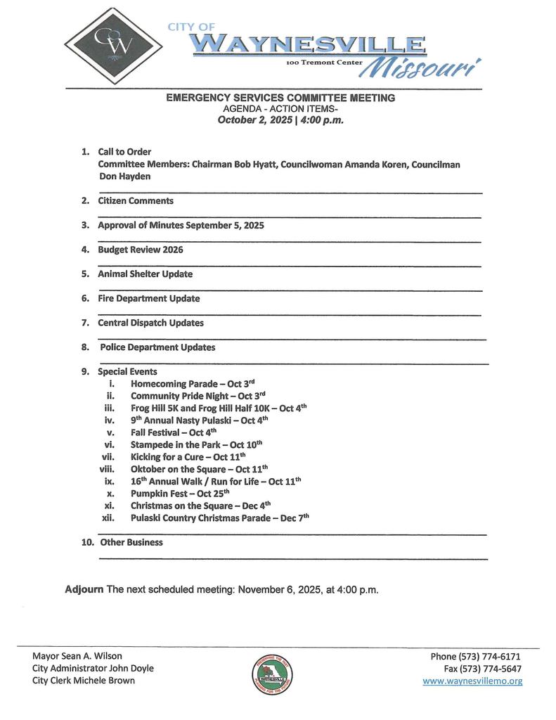 Emergency Services Agenda Oct 2025