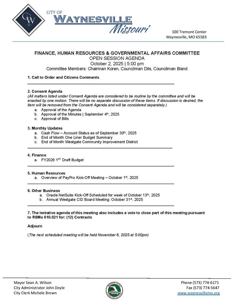Agenda for Finance, Human Resources & Governmental Affairs Committee
