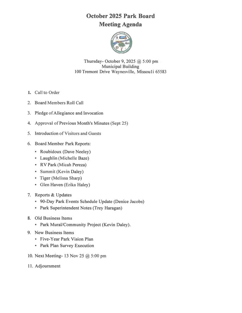 Park Board Agenda Oct 2025