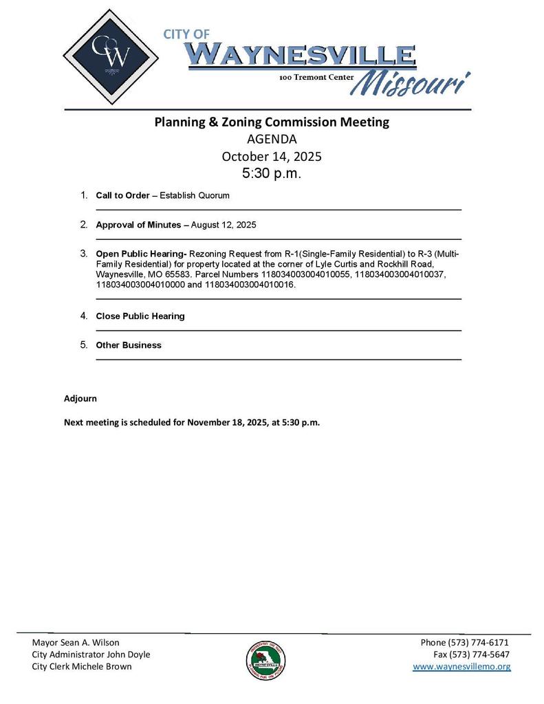Agenda for October 14 Planning and Zoning Commission Meeting