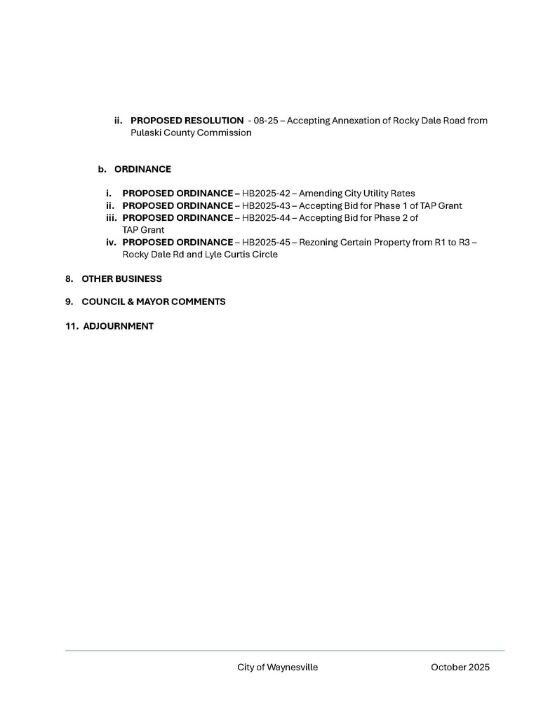 Agenda for the October meeting of Waynesville City Council. 