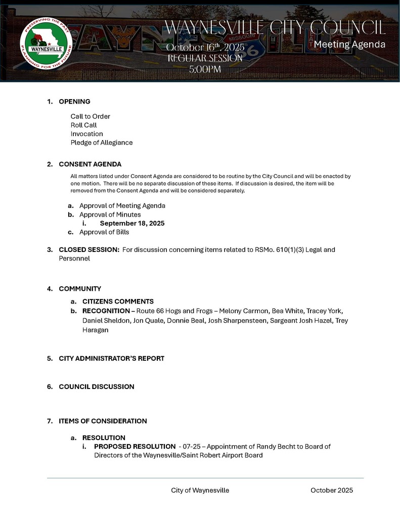 Agenda for the October meeting of Waynesville City Council. 