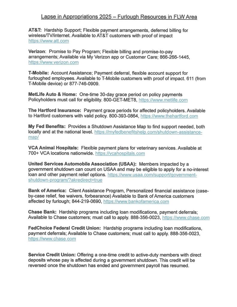 Furlough Resources in FLW Area