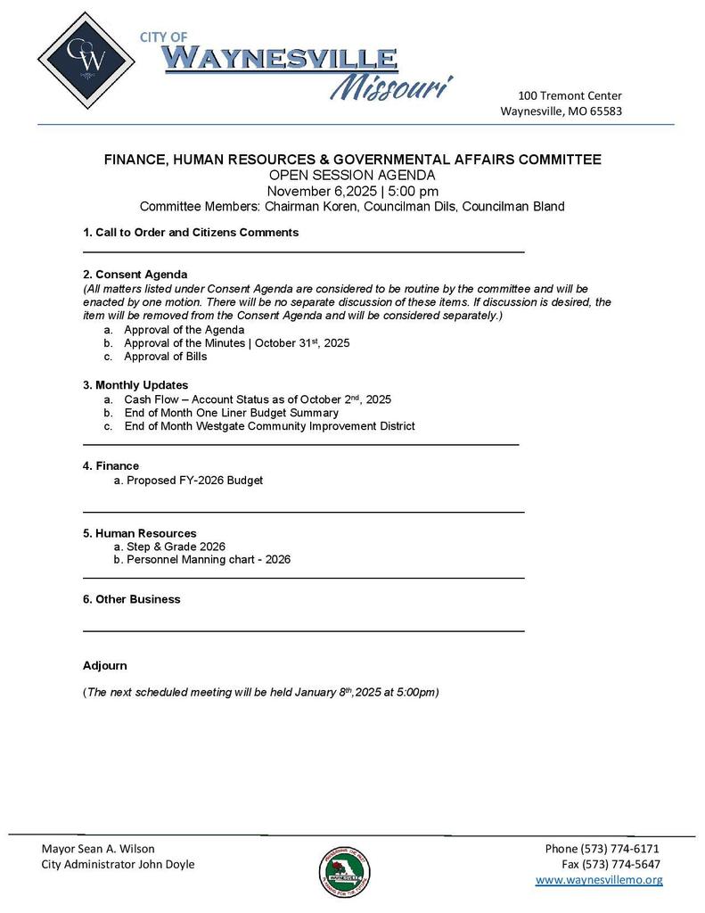 Agenda for Finance, Human Resources & Governmental Affairs Committee