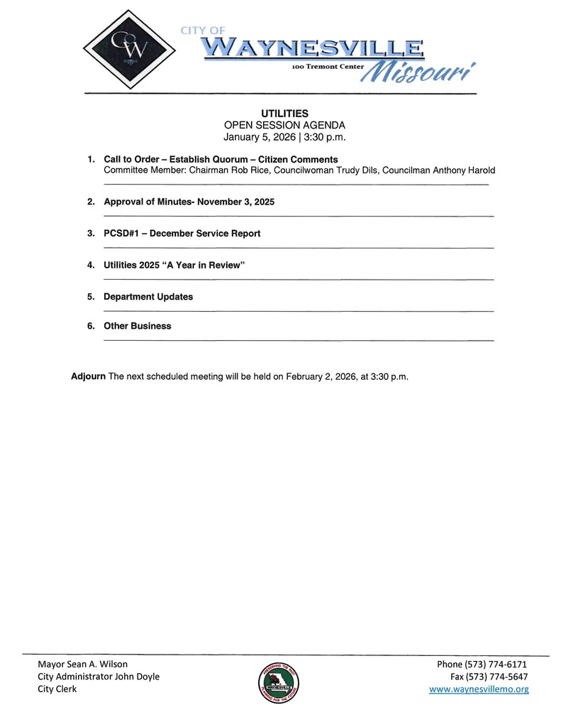 Agenda for the Utility Committee Meeting schedule for January 5, 2025 at 3:30pm