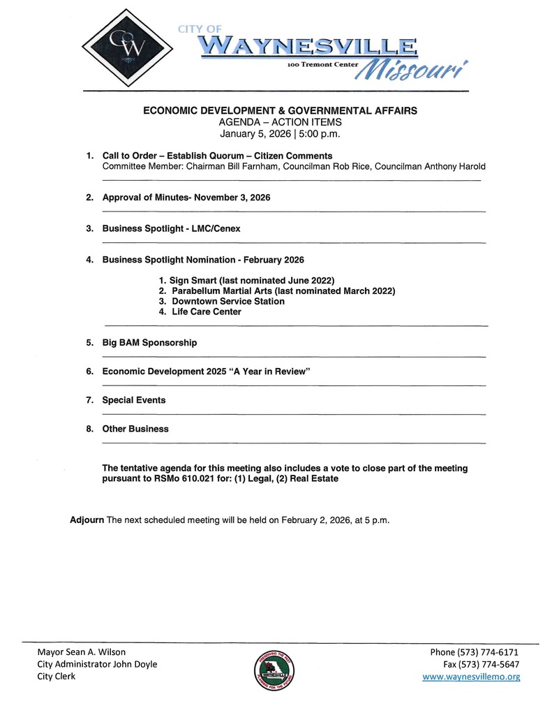 Agenda for the Economic Development and Governmental Affairs Committee Meeting schedule for January 5, 2025 at 5:00pm
