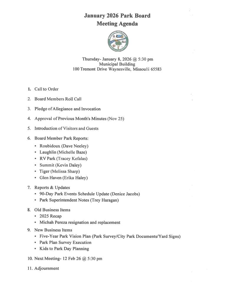 Park Board Agenda Jan 2026