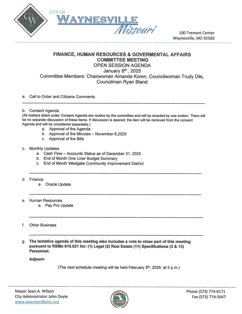 The Finance, Human Resources & Governmental Affairs Committee meeting agenda for January 8th, 2026 at 5:00pm