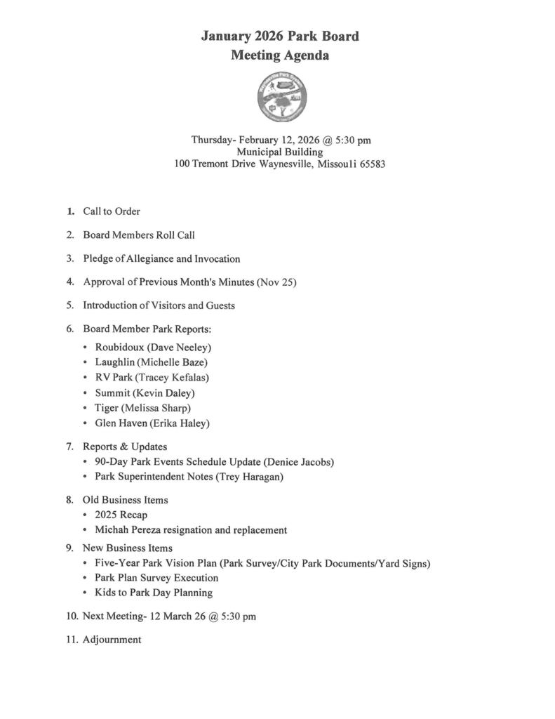 Park Board Agenda Feb 2026