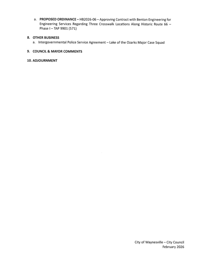 2nd page of the agenda for the February Waynesville City Council meeting