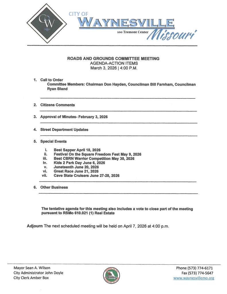 Roads & Grounds Agenda March 2026