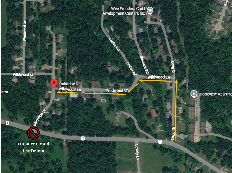 Satelite image of THwy in Waynesville, MO, with a stop sign on Oakridge drive indicating the entrance closure. A detour is also laid out in arrows, directing residents to Long Drive and Wildwood Lane to access Oakridge Drive. 