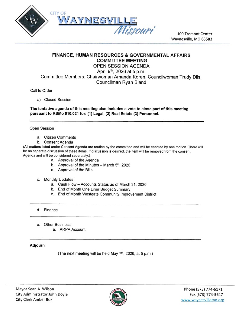 FINANCE, HUMAN RESOURCES & GOVERNMENTAL AFFAIRS  COMMITTEE MEETING  AGENDA