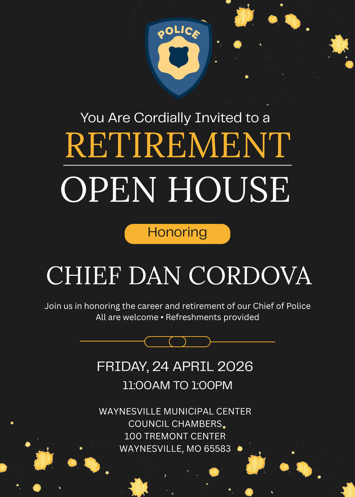 Retirement Open House announcement honoring Chief Dan Cordova, including event details for date, time, and location, and noting that the event is come-and-go with refreshments provided.
