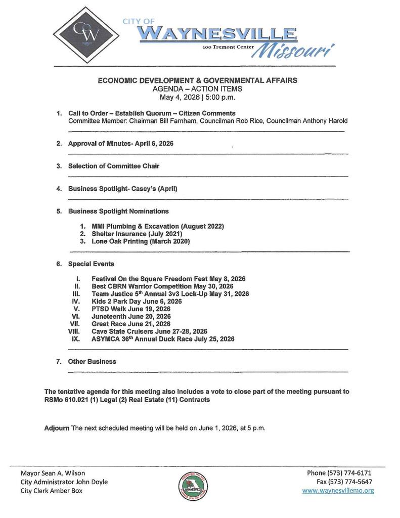 Economic Development and Governmental Affairs committee meeting agenda