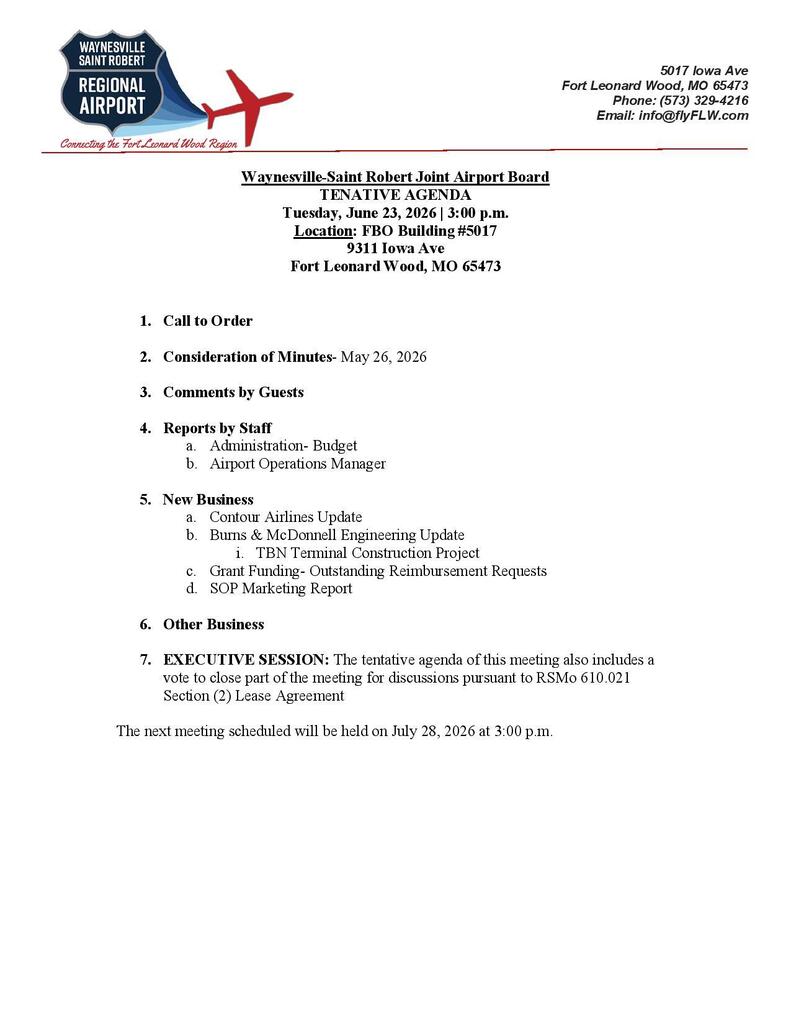 airport board agenda for June 23, 2026
