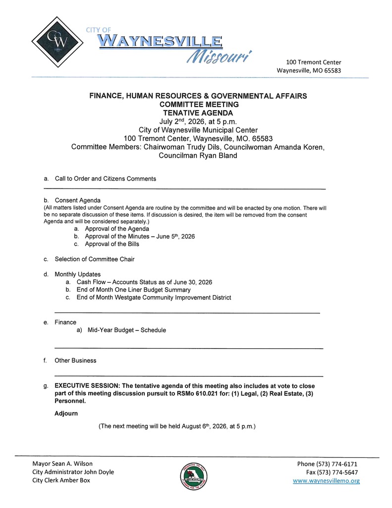 FINANCE, HUMAN RESOURCES & GOVERNMENTAL AFFAIRS COMMITTEE MEETING AGENDA FOR JULY 3RD, 2026 at 5 p.m.