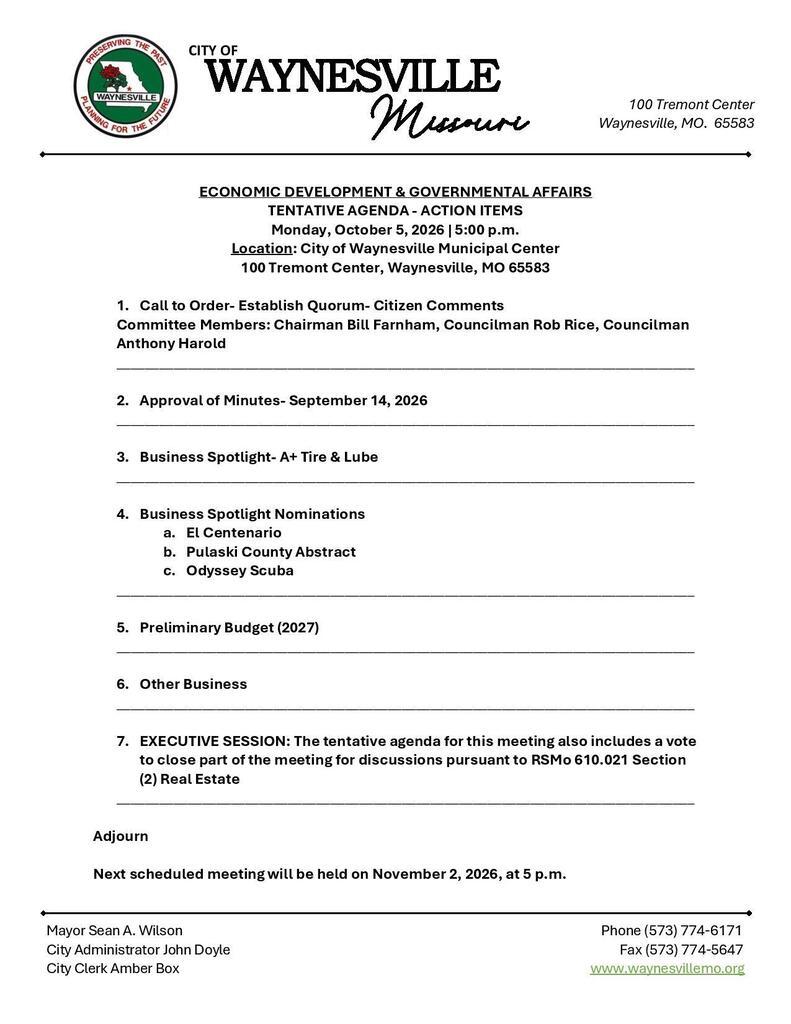 Economic Development and Governmental affairs agenda