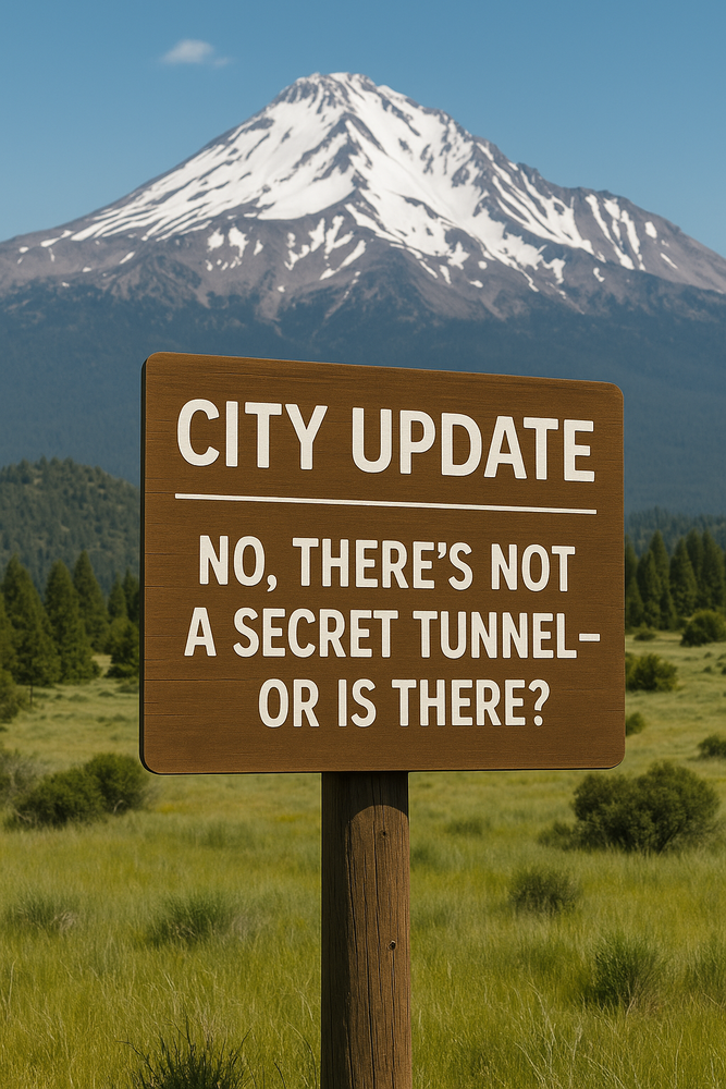 A wooden sign in a grassy meadow reads “City Update – No, there’s not a secret tunnel — or is there?” with snow-covered Mount Shasta rising in the background.
