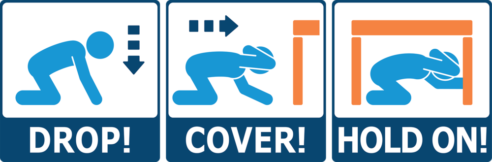 hree-panel earthquake safety graphic with simple blue and orange illustrations: 1. First panel: A person dropping to hands and knees with the word “DROP!” below. 2. Second panel: The same person crawling toward shelter, next to a table leg, with the word “COVER!” 3. Third panel: The person is now under a table, holding on, with the words “HOLD ON!”