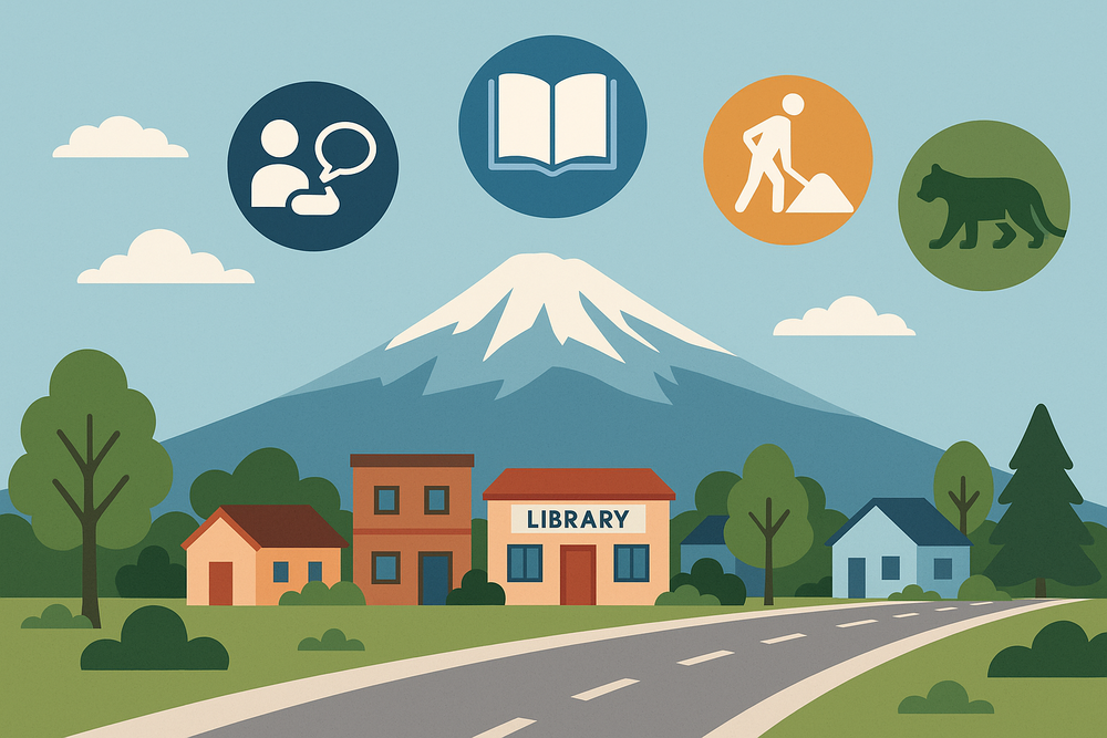 Illustration of a small mountain town with Mt. Shasta in the background, a community gathering area, a library building, a crosswalk, and a symbolic mountain lion silhouette to represent wildlife awareness.