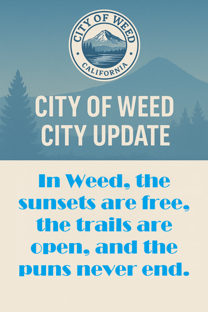 City of Weed, California update graphic featuring the official city logo above a stylized illustration of Mount Shasta and surrounding pine trees, with the message: ‘In Weed, the sunsets are free, the trails are open, and the puns never end.