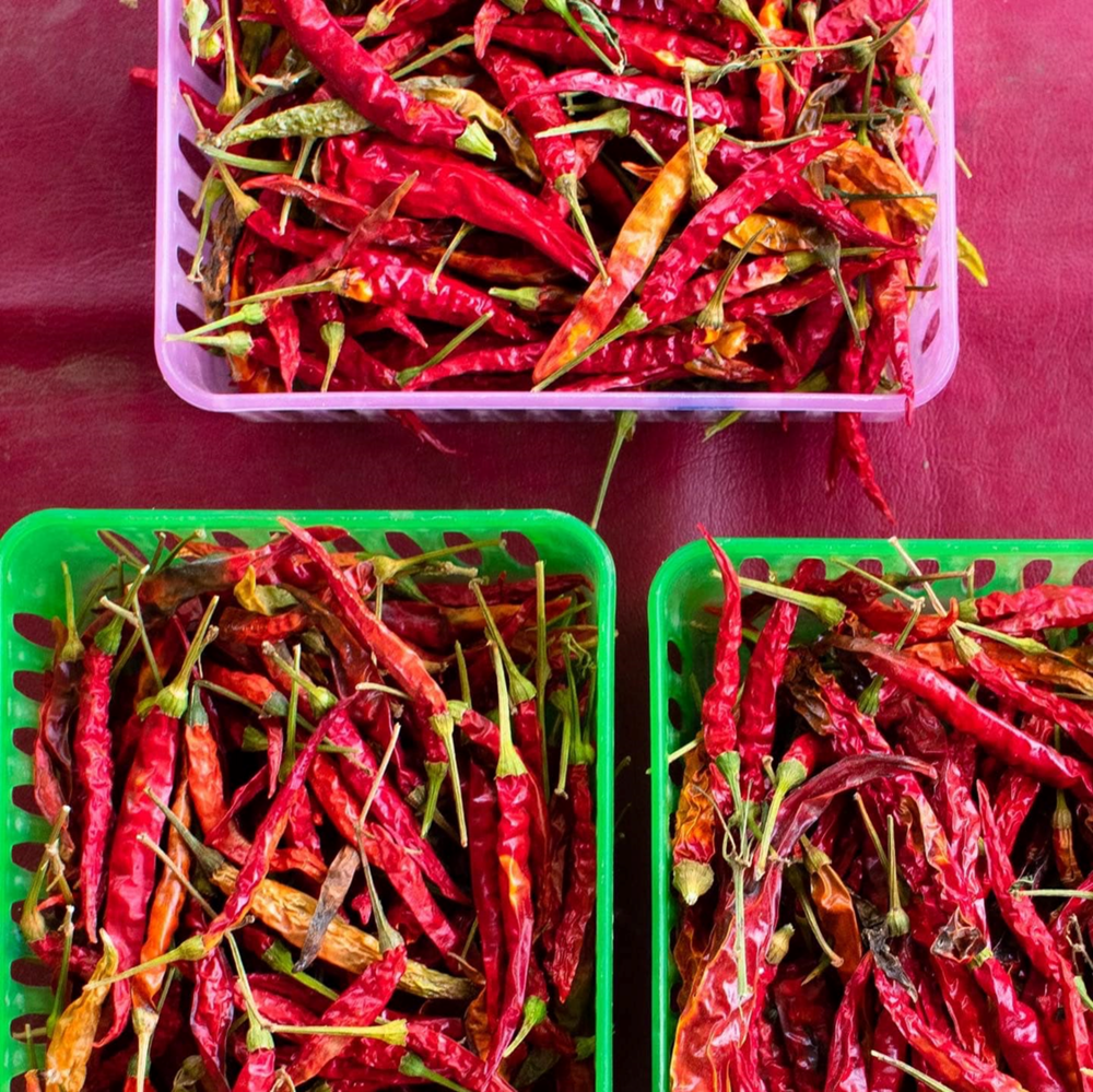 Dried peppers in containers on a table