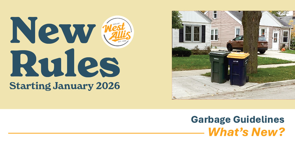 A photo of garbage bins at the end of a driveway. Text reads "New Rules Staring January 2026 - Garbage guidelines. What's new?