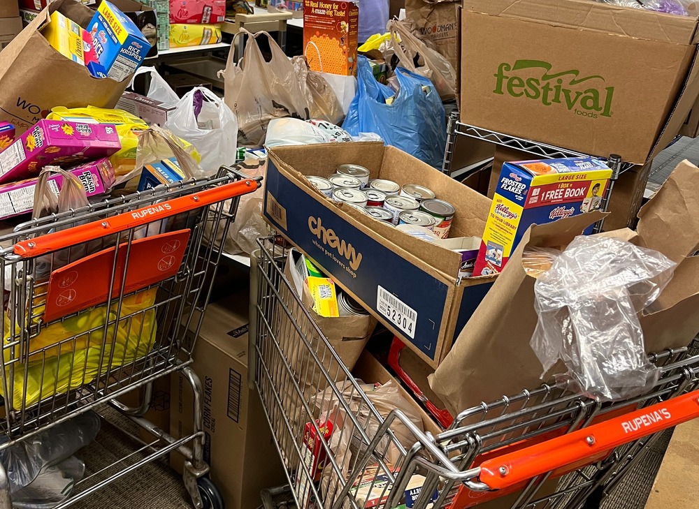 Boxes and carts full of non-perishable food items